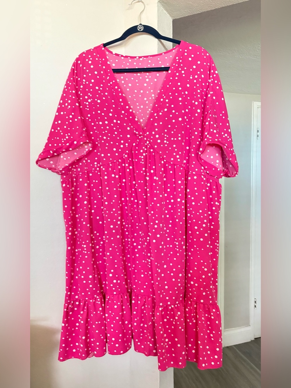 Plus Size Fuchsia Pink Polka Dot V-Neck Dress